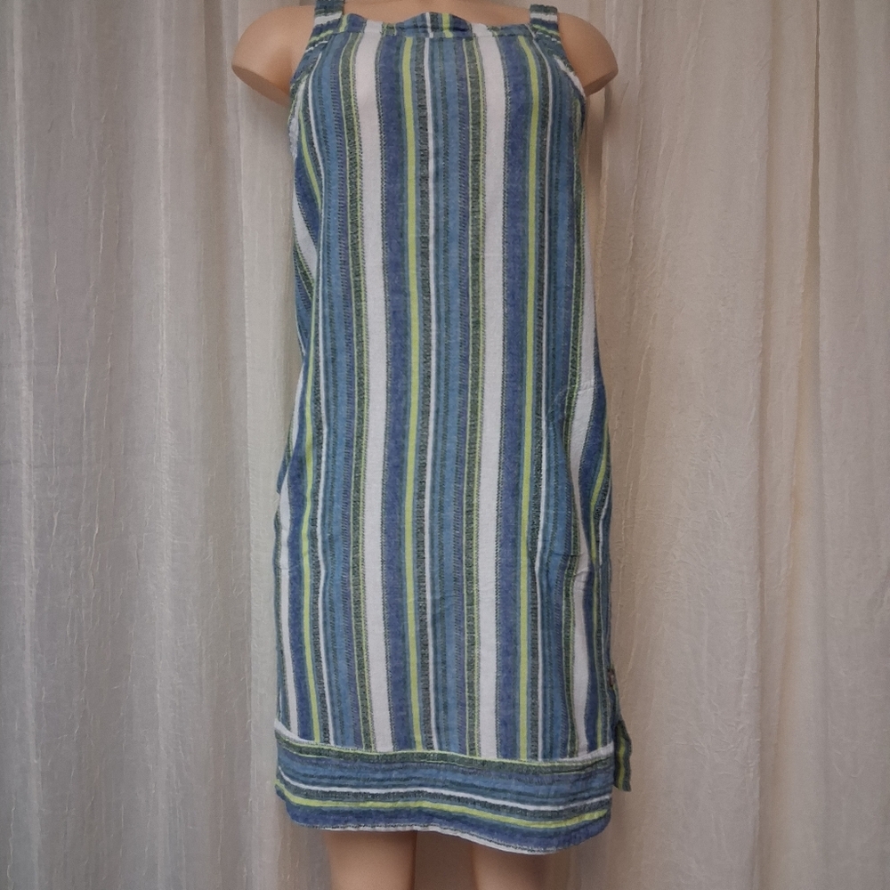 For Cynthia Blue and Green Striped Mini Dress Women Sz XS 55%Lino 48% Viscose - Picture 11 of 16